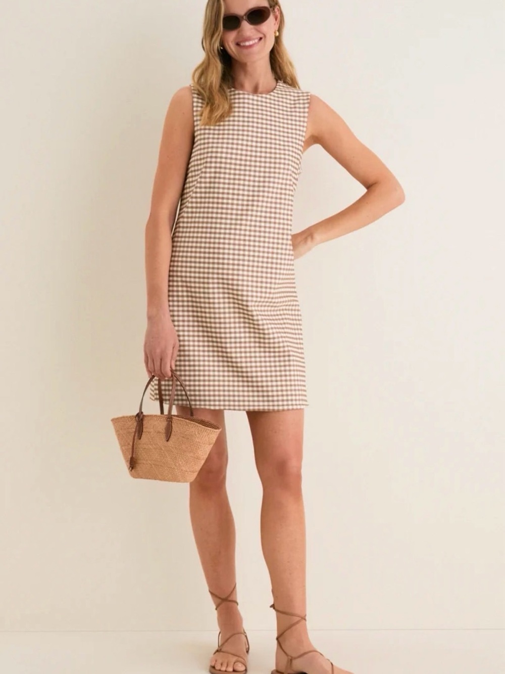 Tuckernuck Beige Gingham Sleeveless Shift Mini Dress